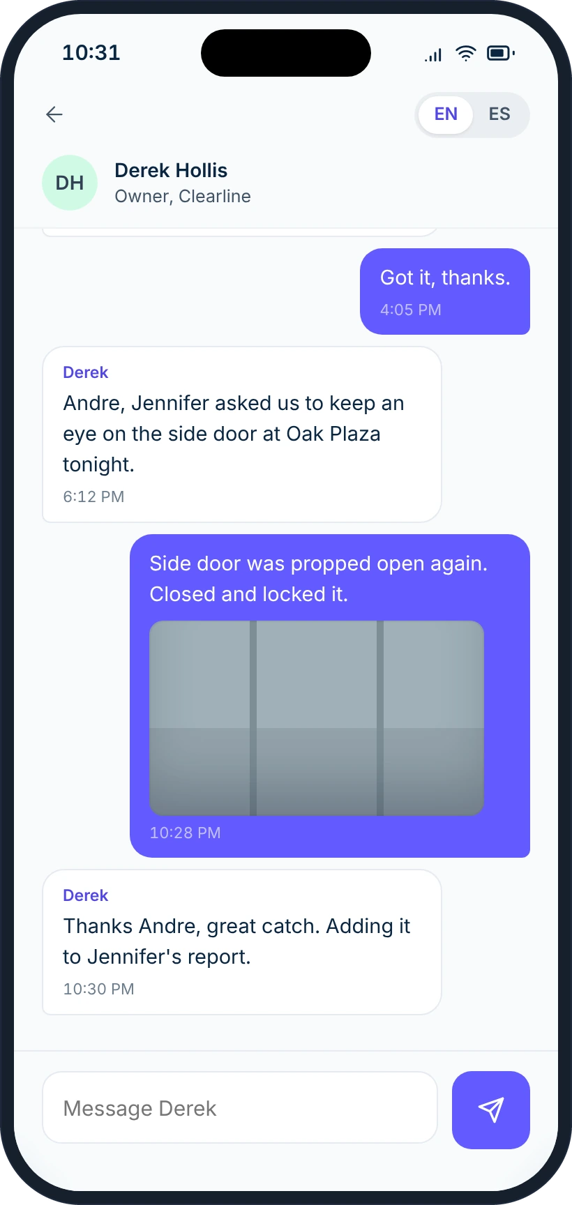 Cleaner's message thread with the owner, including a photo of a side door found propped open.