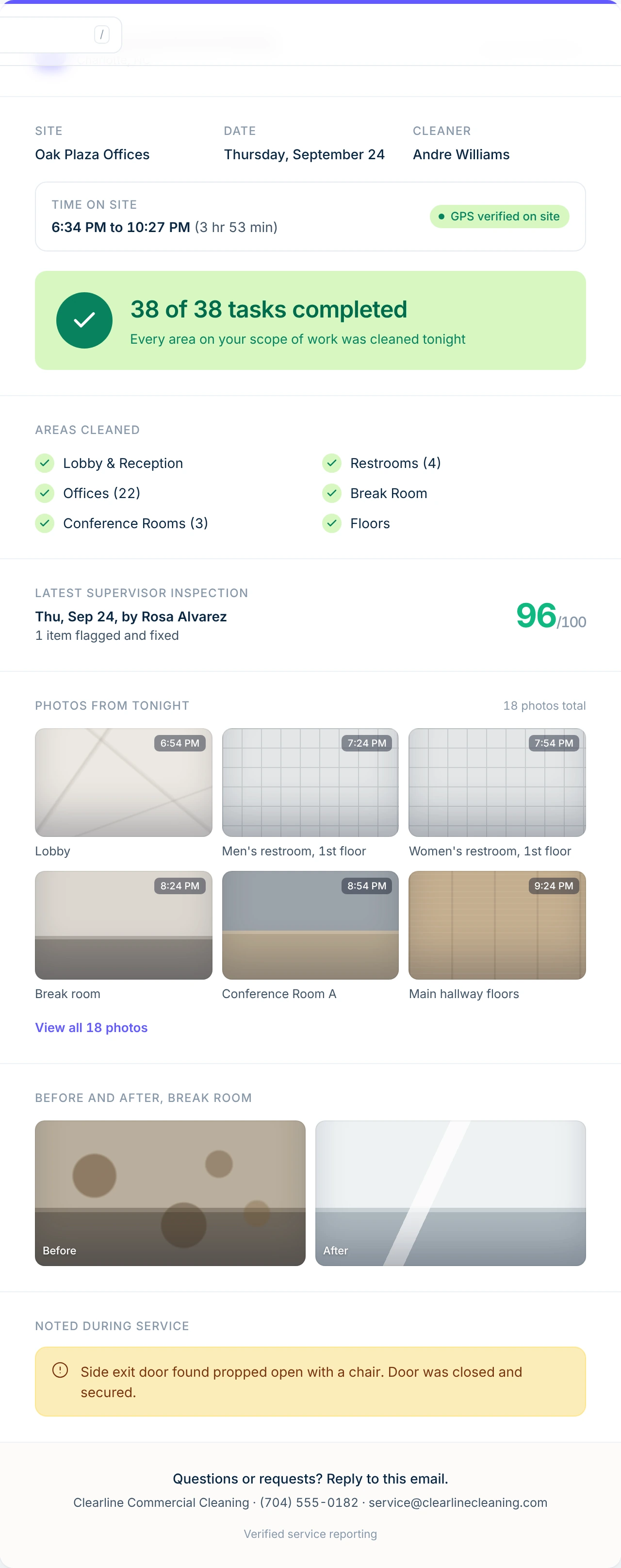 The service report email: 38 of 38 tasks completed, time on site 6:34 PM to 10:27 PM GPS verified, areas cleaned, inspection score 96, and photos from tonight.