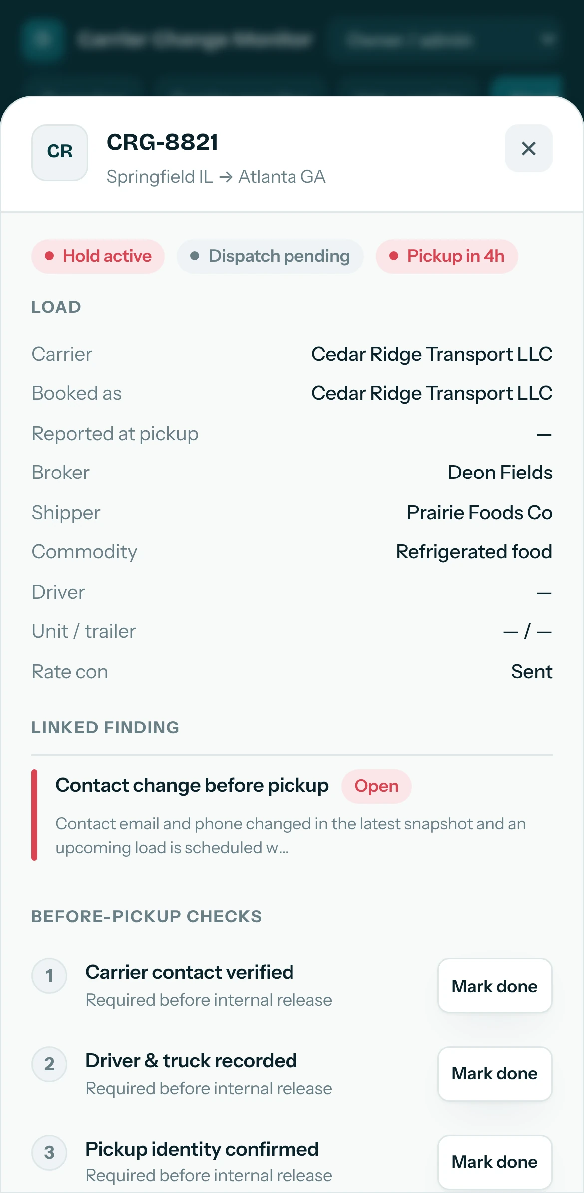 Load on hold with before-pickup checks on a phone
