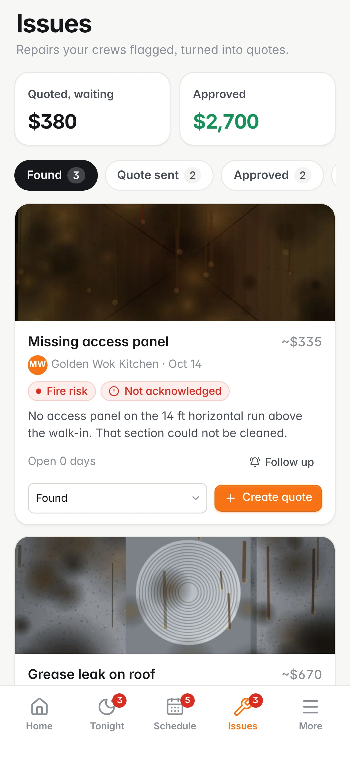 Owner phone: issues found, quoted and approved
