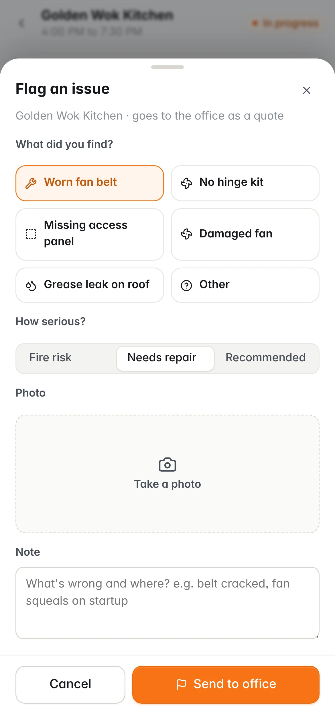 Crew app: flag an issue, with worn fan belt selected, severity and photo